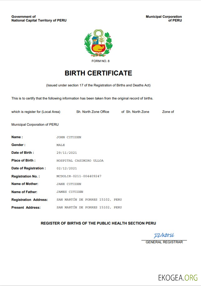 Modèle Word et PDF d'acte de naissance au Pérou